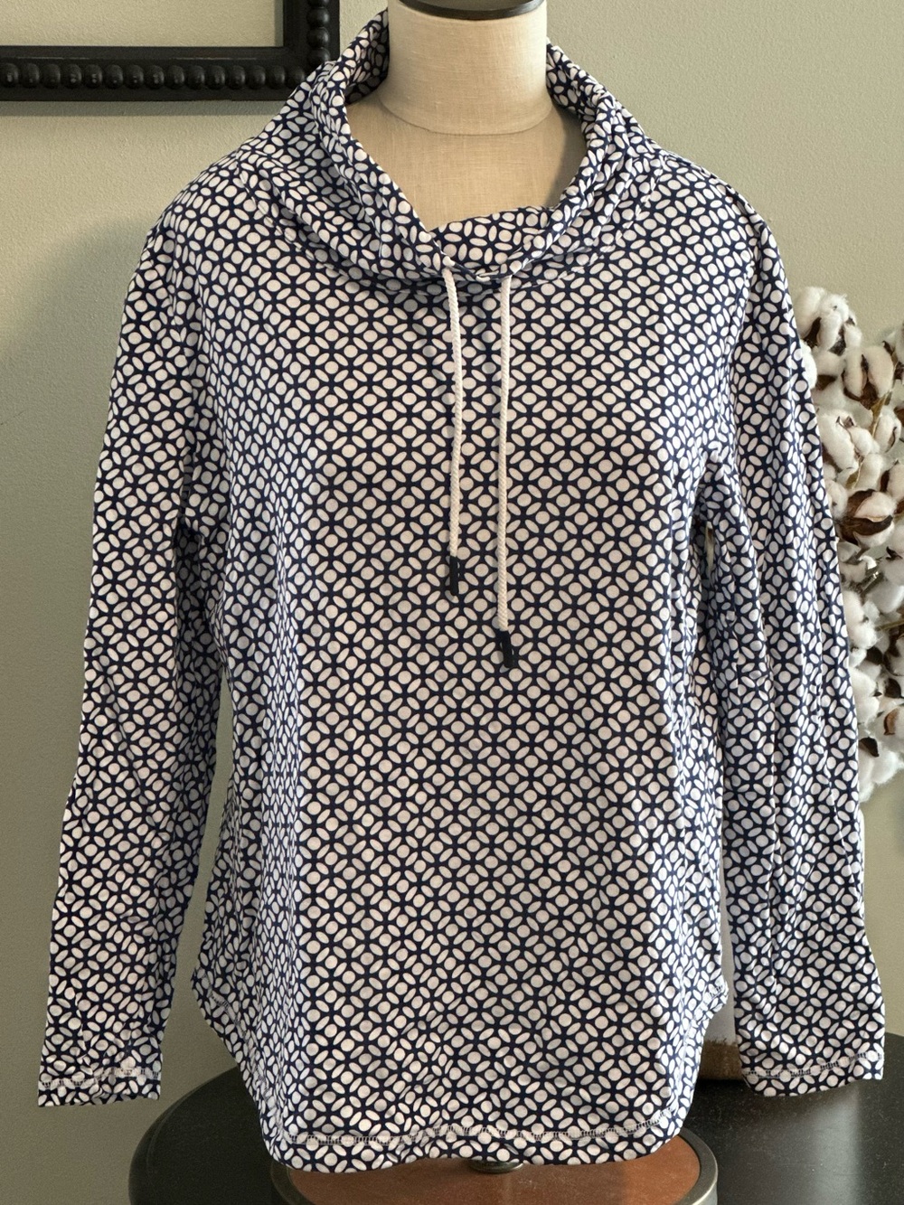 Talbots Navy and White Geometric Funnel Neck Pullover -L